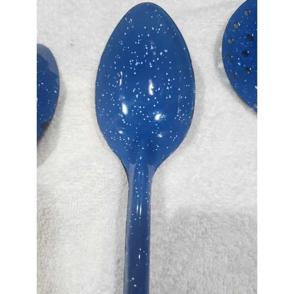 Vintage~Enamel lot~chuckwagon~blue metal splatterware~Skimmer~ Ladle~2 Spoons